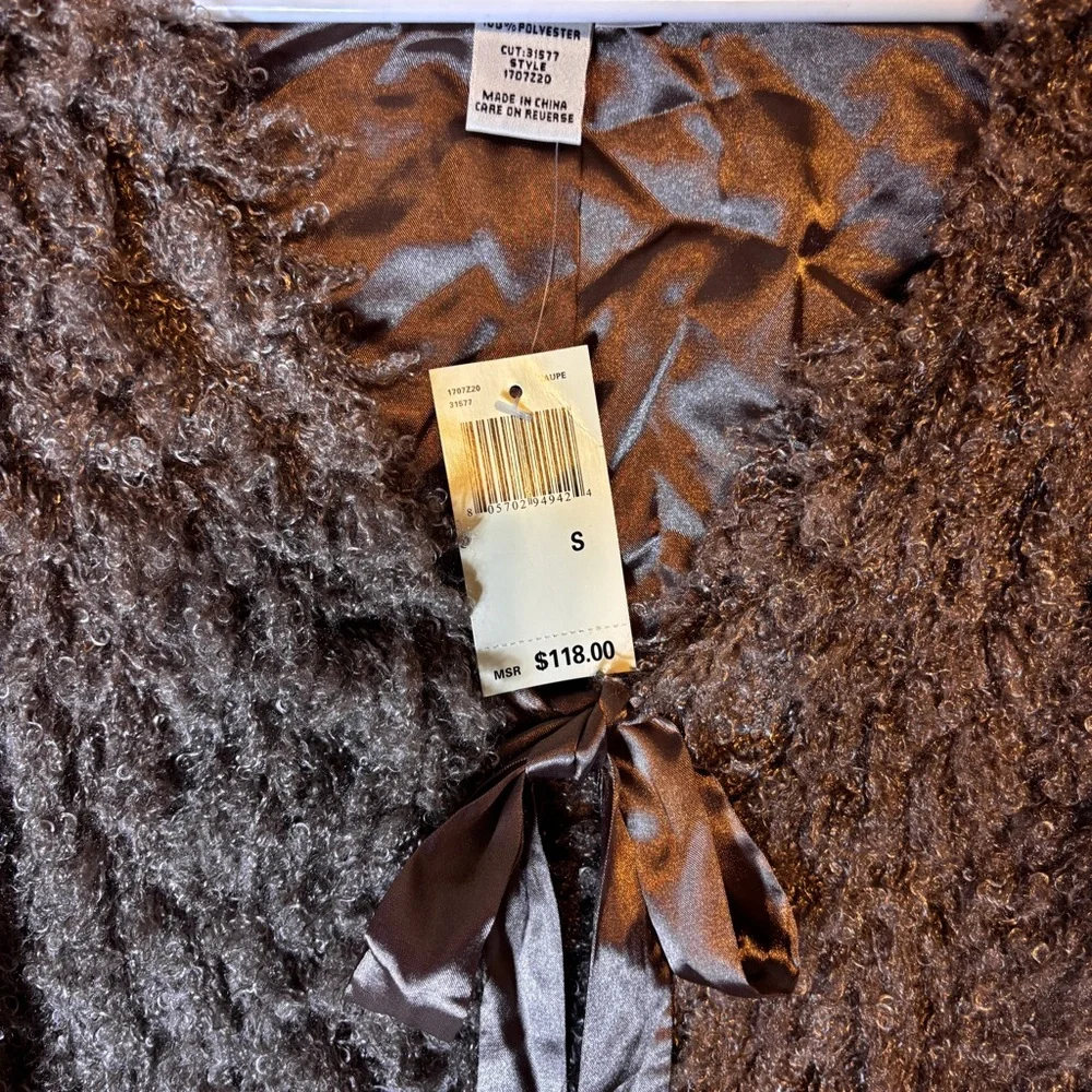 NWT Max Studio Womens Size S Faux Curly Lamb Fur Satin Tie Jacket Super Cute Tan - Picture 4 of 10